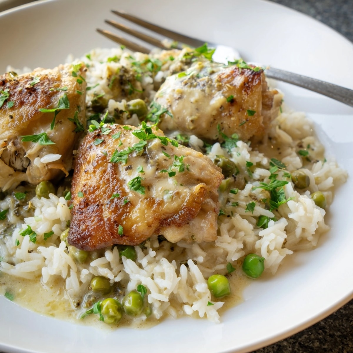 One-Pot Creamy Lemon Chicken and Rice served hot, garnished with fresh parsley in a cozy skillet.