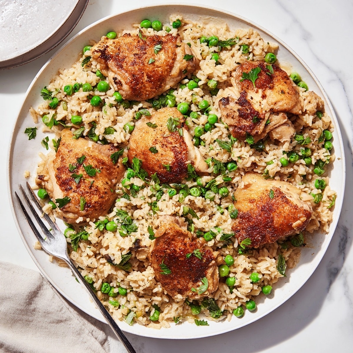 Bright and zesty One-Pot Creamy Lemon Chicken and Rice ready to enjoy, peas and herbs visible.
