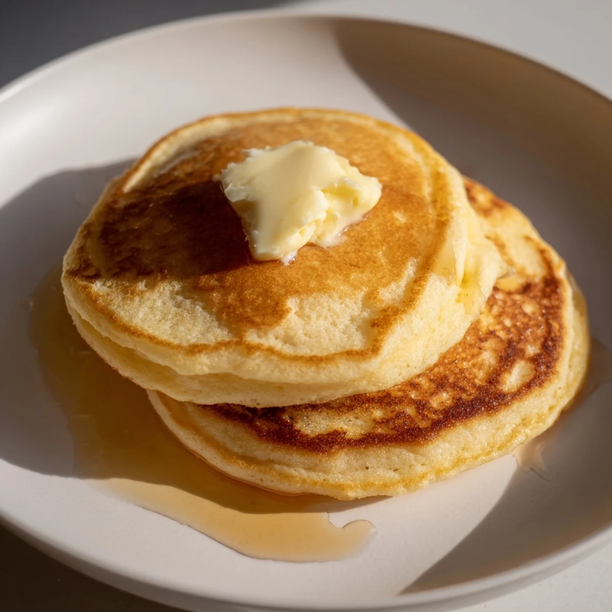 Stack of airy Light and Fluffy Ricotta Pancakes, garnished with fresh berries and powdered sugar.