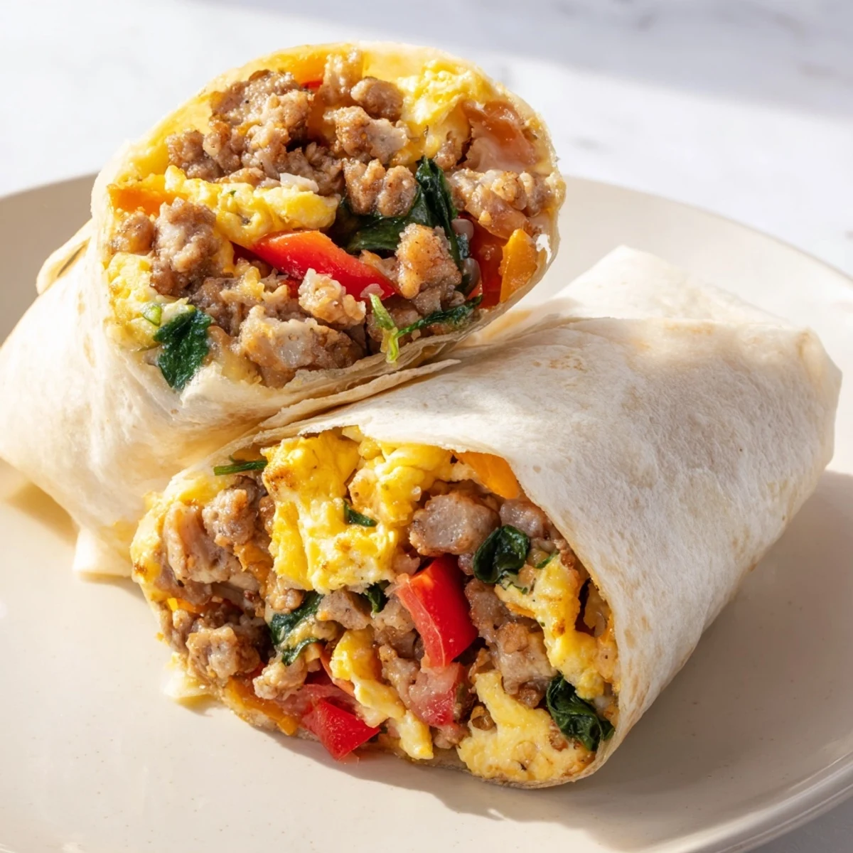 A close-up shot of Make-Ahead Breakfast Burritos, perfectly rolled and ready to eat with a side of salsa.