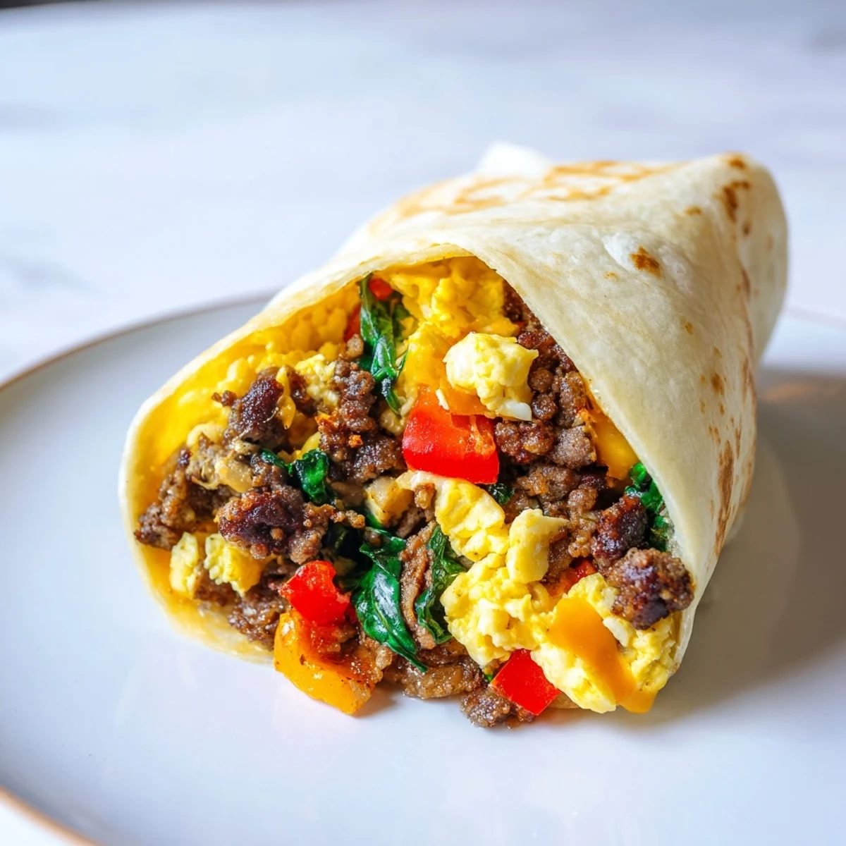 Steaming Make-Ahead Breakfast Burritos showcasing a beautiful cross-section filled with eggs, sausage, and veggies.