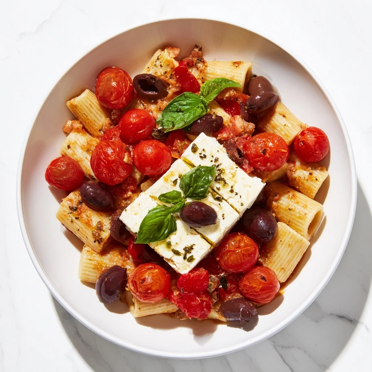 Creamy baked feta pasta with burst cherry tomatoes, olives, and fresh basil, ready for enjoying.