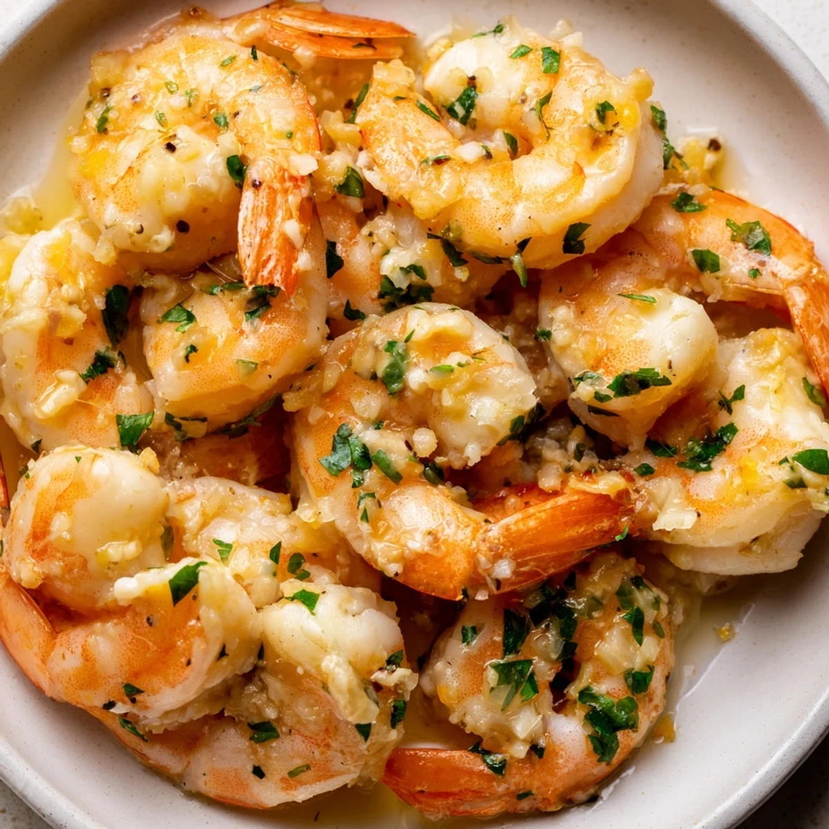 Golden garlic shrimp scampi, perfectly sauteed and served over pasta with fresh herbs.