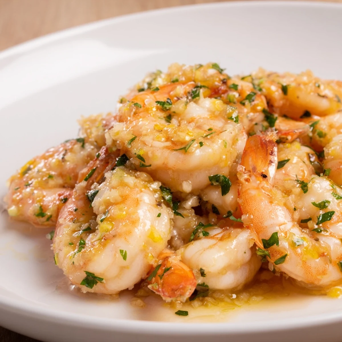 Vibrant image of 15-Minute Garlic Shrimp Scampi, glistening with butter and lemon in a pan.
