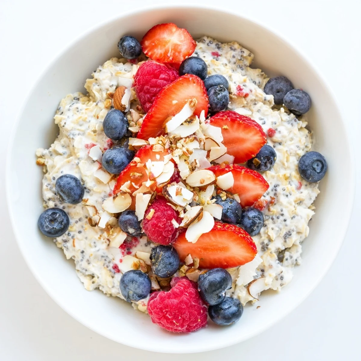 Creamy Overnight Oats with Berries - a vibrant bowl topped with fresh, juicy berries for breakfast.