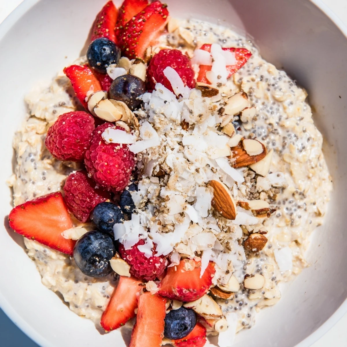 A close-up of Overnight Oats with Berries, showcasing the creamy texture and sweet, red strawberries.