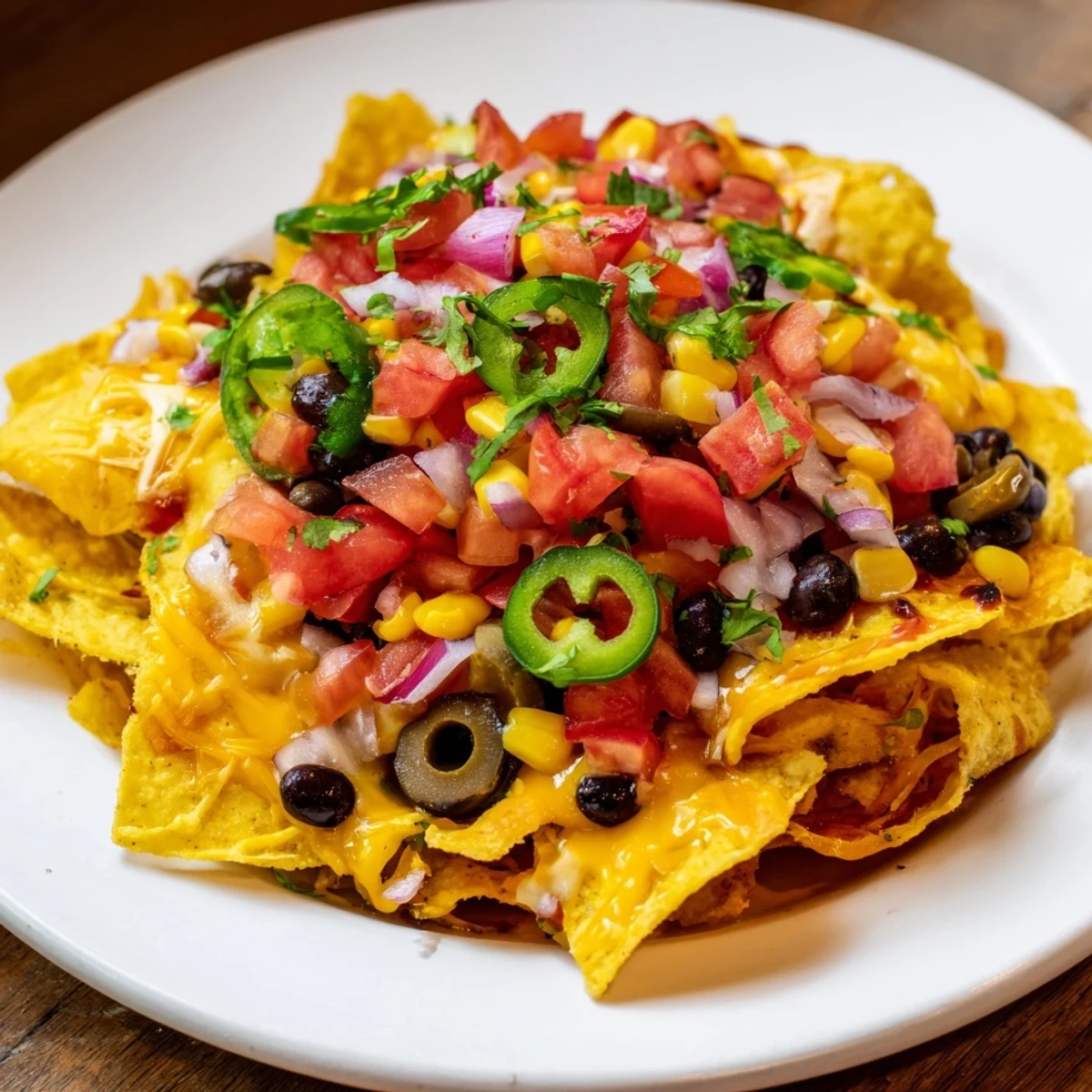 Golden, bubbly Sheet Pan Nachos, loaded with cheese, veggies, and ready for a festive dinner.