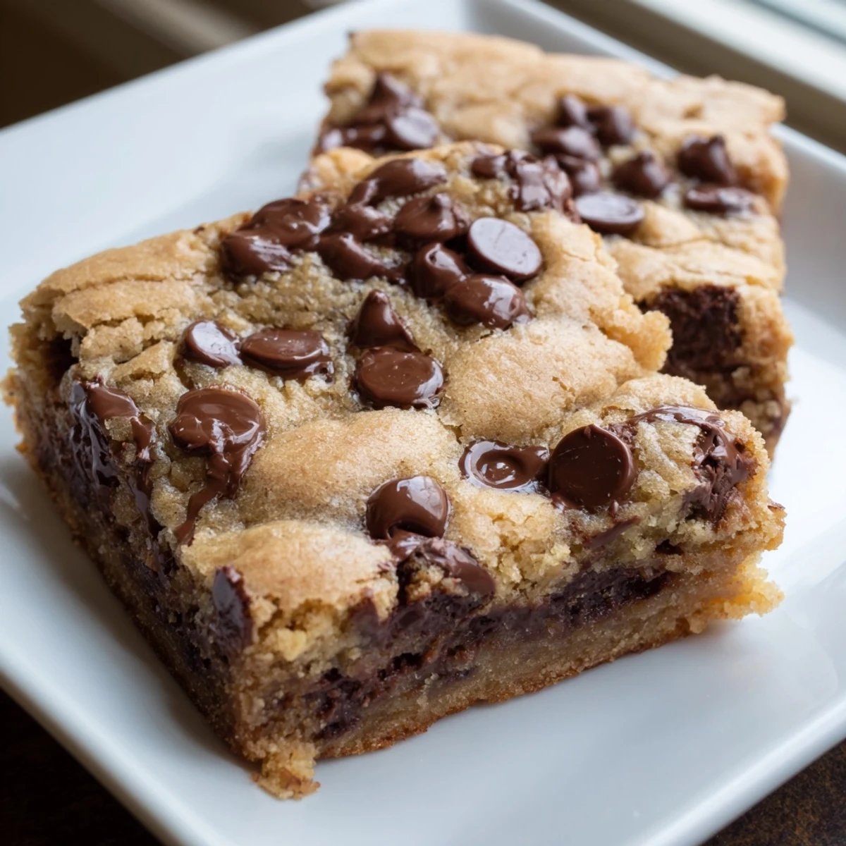Golden, gooey chocolate chip cookie bars fresh from the oven, offering a sweet, comforting dessert.