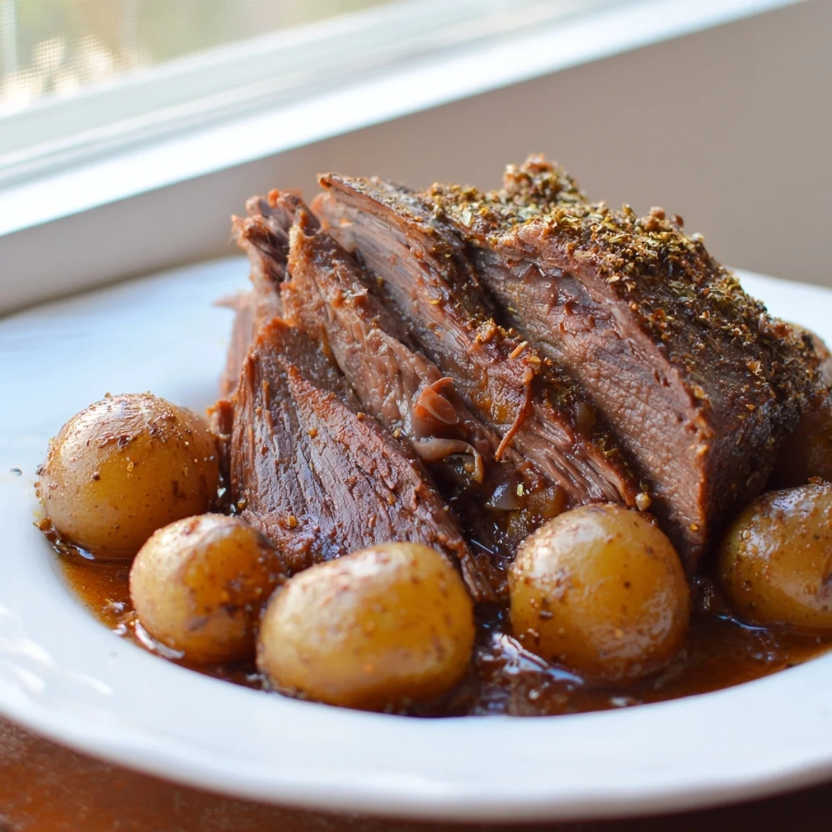 Tender slow cooker pot roast, falling apart fork-tender, served with hearty potatoes.