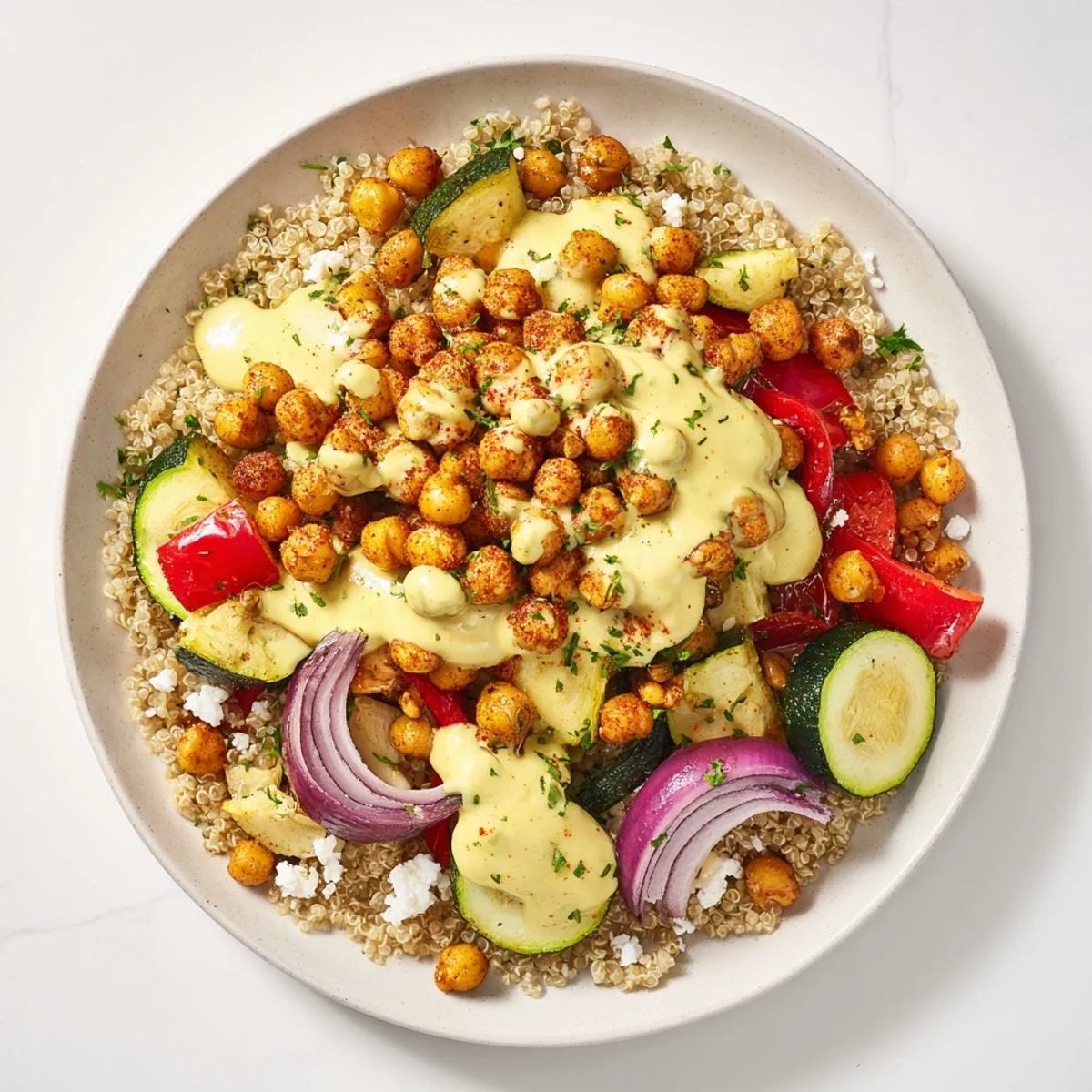 Mediterranean Chickpea and Veggie Grain Bowl, bursting with colorful roasted vegetables and creamy tahini dressing.