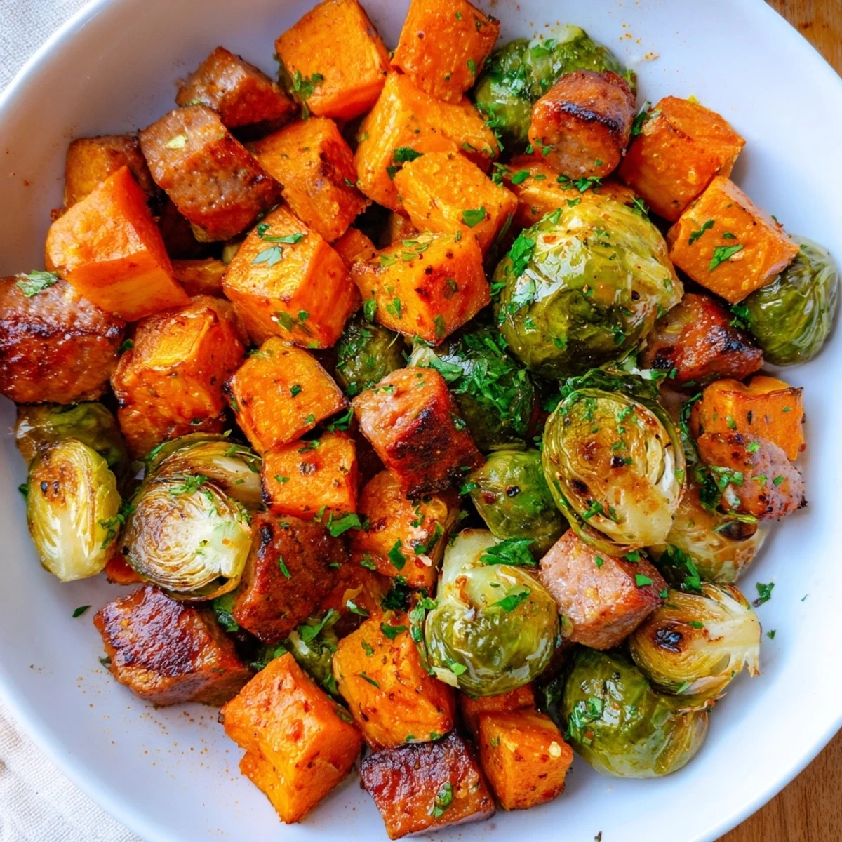 Sizzling sheet pan sausage, sweet potato, and Brussels sprouts, ready for a comforting weeknight dinner.