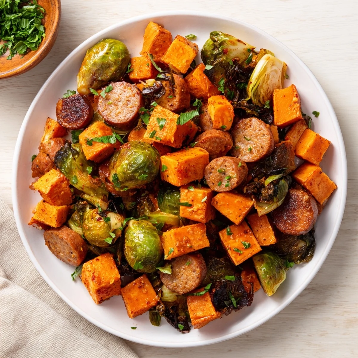 A delicious close-up of sheet pan sausage, sweet potato, and Brussels sprouts, perfect for a gluten-free meal.