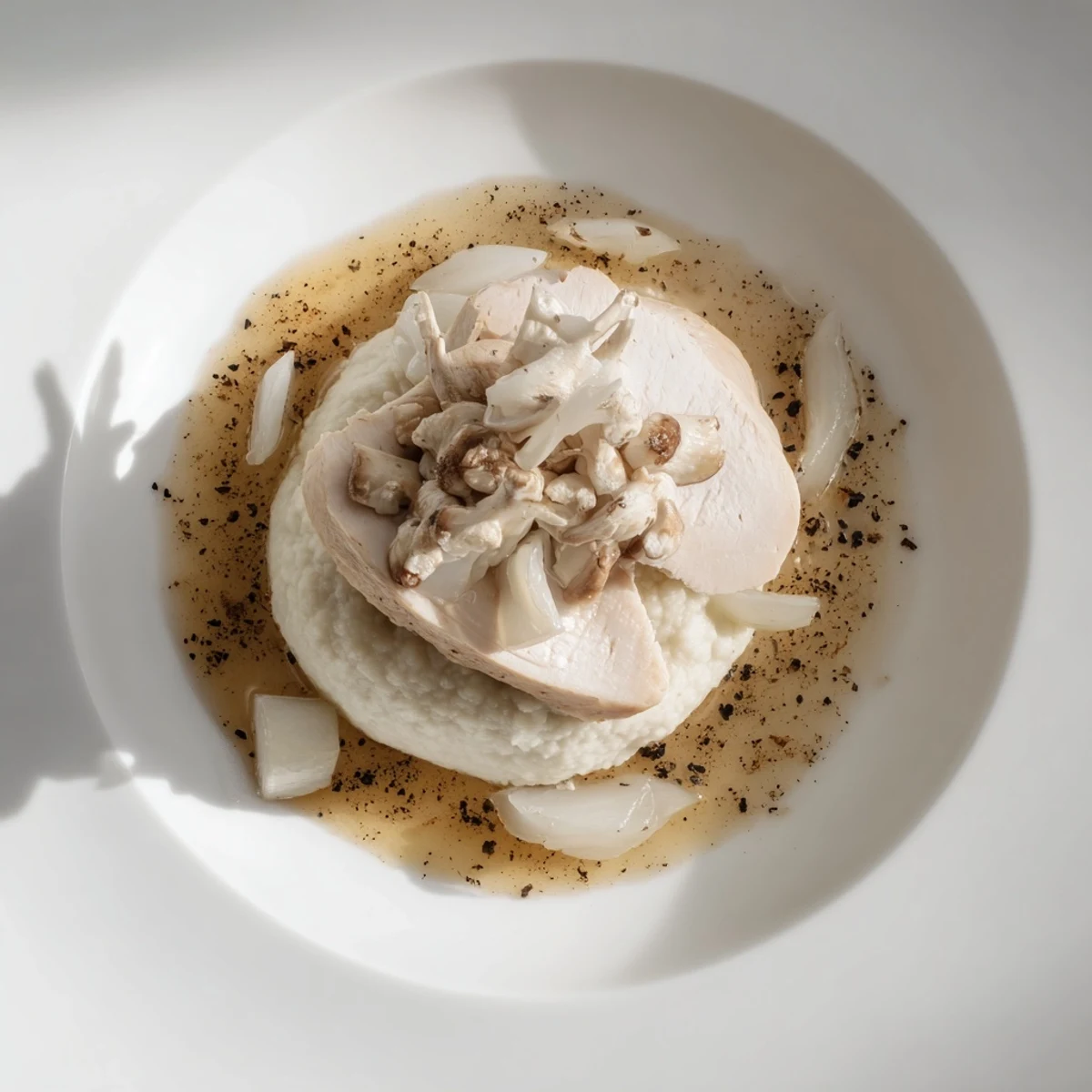 A creamy plate of The Ghostly Gala features tender poached chicken with a striking pepper "shadow."