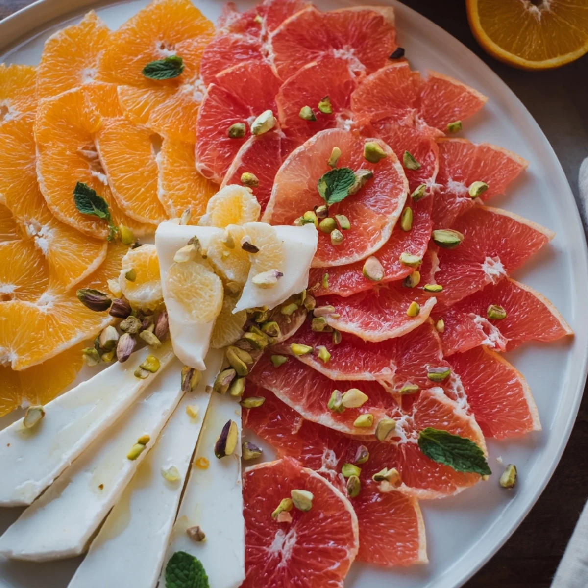 The Clockwork Orange appetizer features artful citrus rounds and cheese, ready for your party.