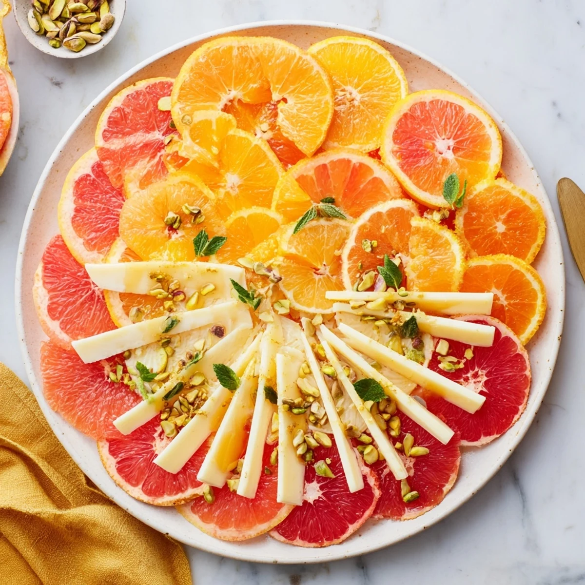Vibrant citrus slices form the Clockwork Orange appetizer, arranged around creamy cheese "clock hands."