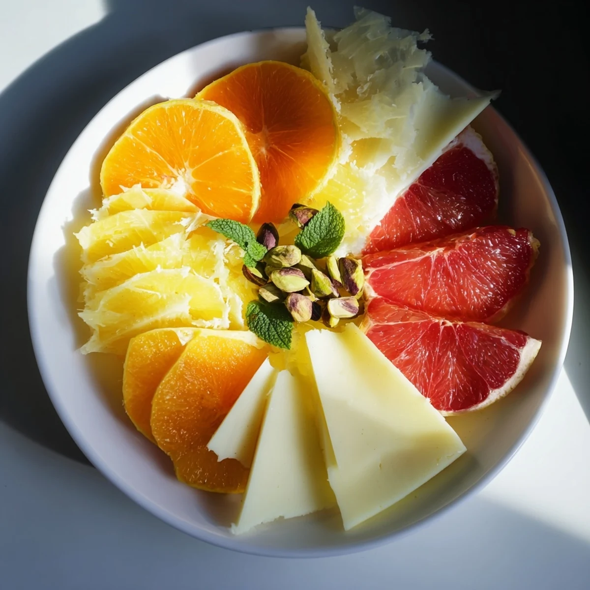 A colorful Clockwork Orange cheese board bursts with fresh citrus and delicious honey drizzle.