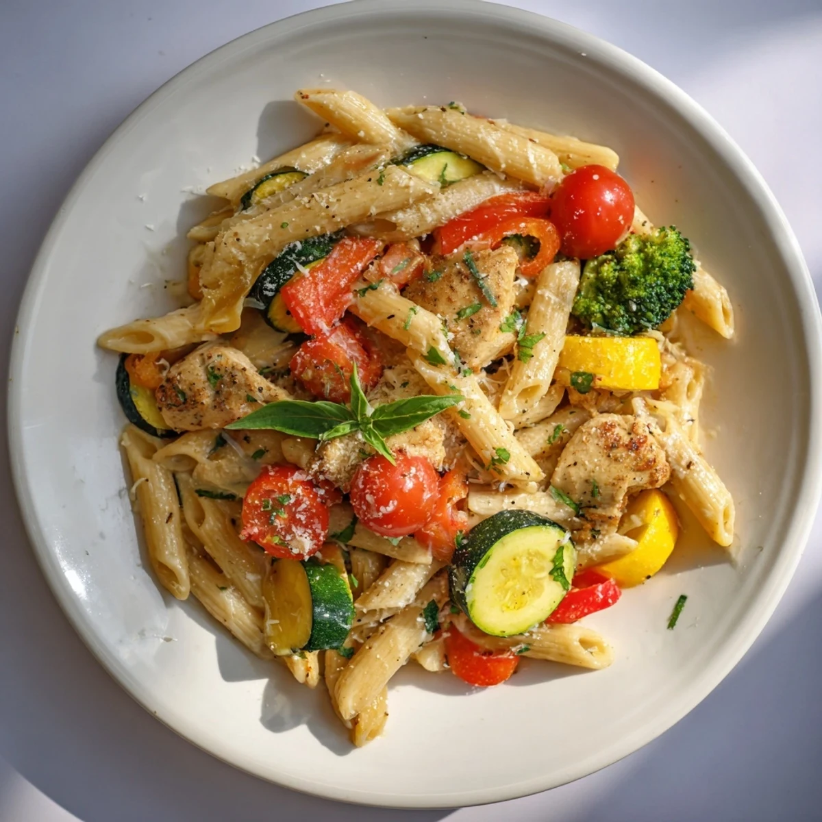 5-4-3-2-1 Pasta Primavera, a colorful pasta dish with chicken and vibrant vegetables, ready to enjoy.