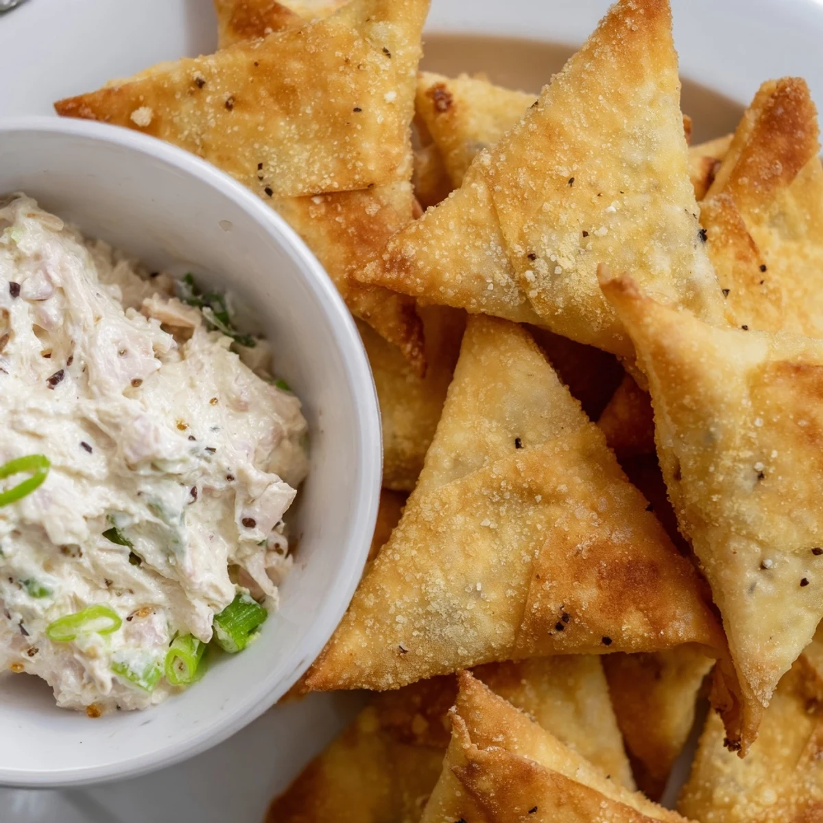 Golden-brown air fryer lumpia chips alongside creamy chicken cream cheese dip, a delicious party appetizer.