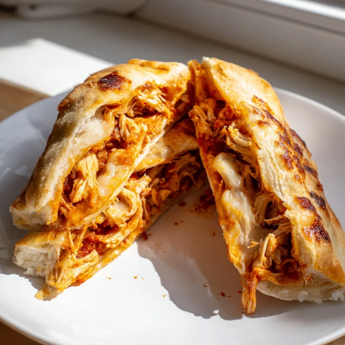 Perfectly melted Leftover Pizza Grilled Cheese, featuring shredded chicken, ready to be sliced and enjoyed.
