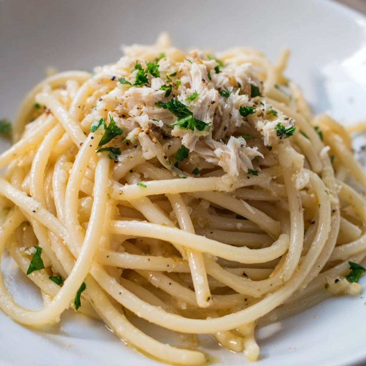 Steaming plate of Simple Garlic Butter Bucatini with tender chicken and fresh parsley garnish.