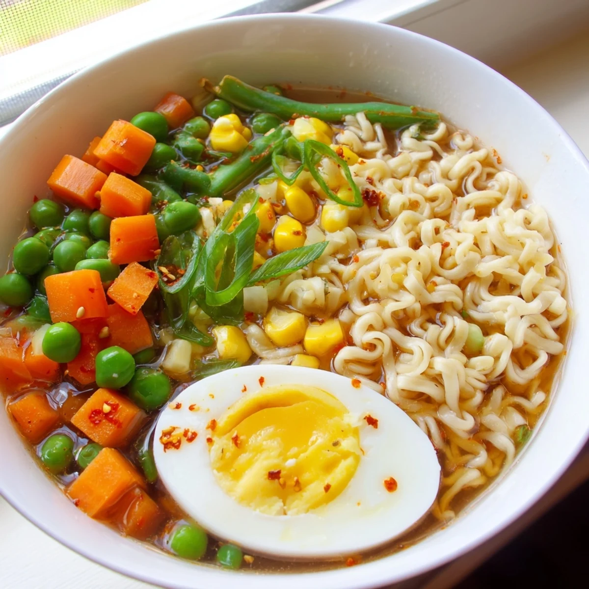 Close-up of Ramen Upgrade with Frozen Peas, garnished with green onions, offering a warm and tasty meal.