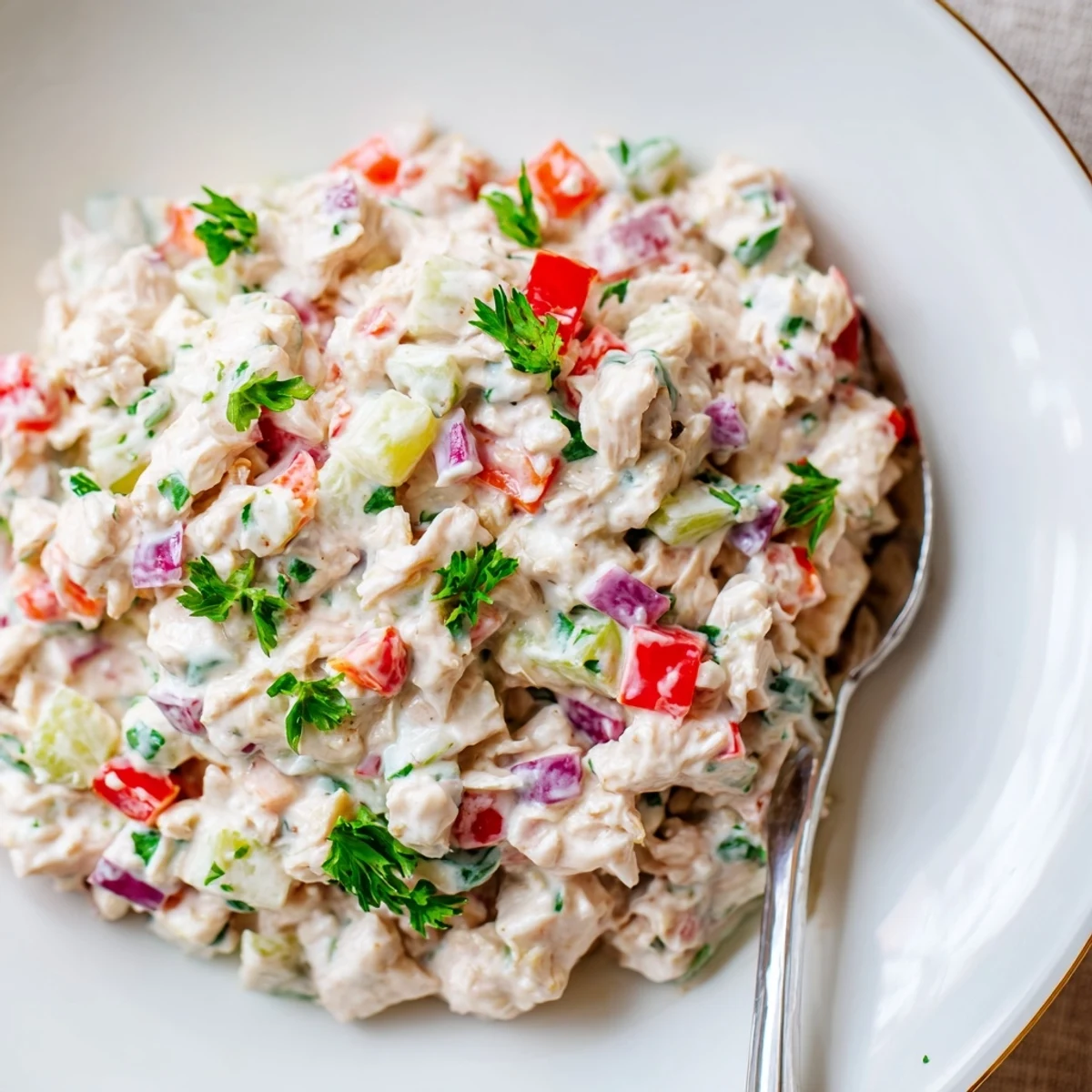 Creamy canned chicken salad with vibrant red pepper and Mrs. Dash, ready to eat.