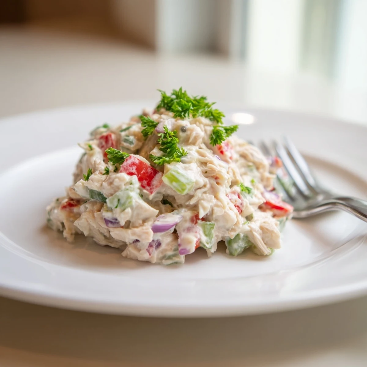 Close-up of a refreshing canned chicken salad, seasoned with Mrs. Dash, perfect for a quick lunch.