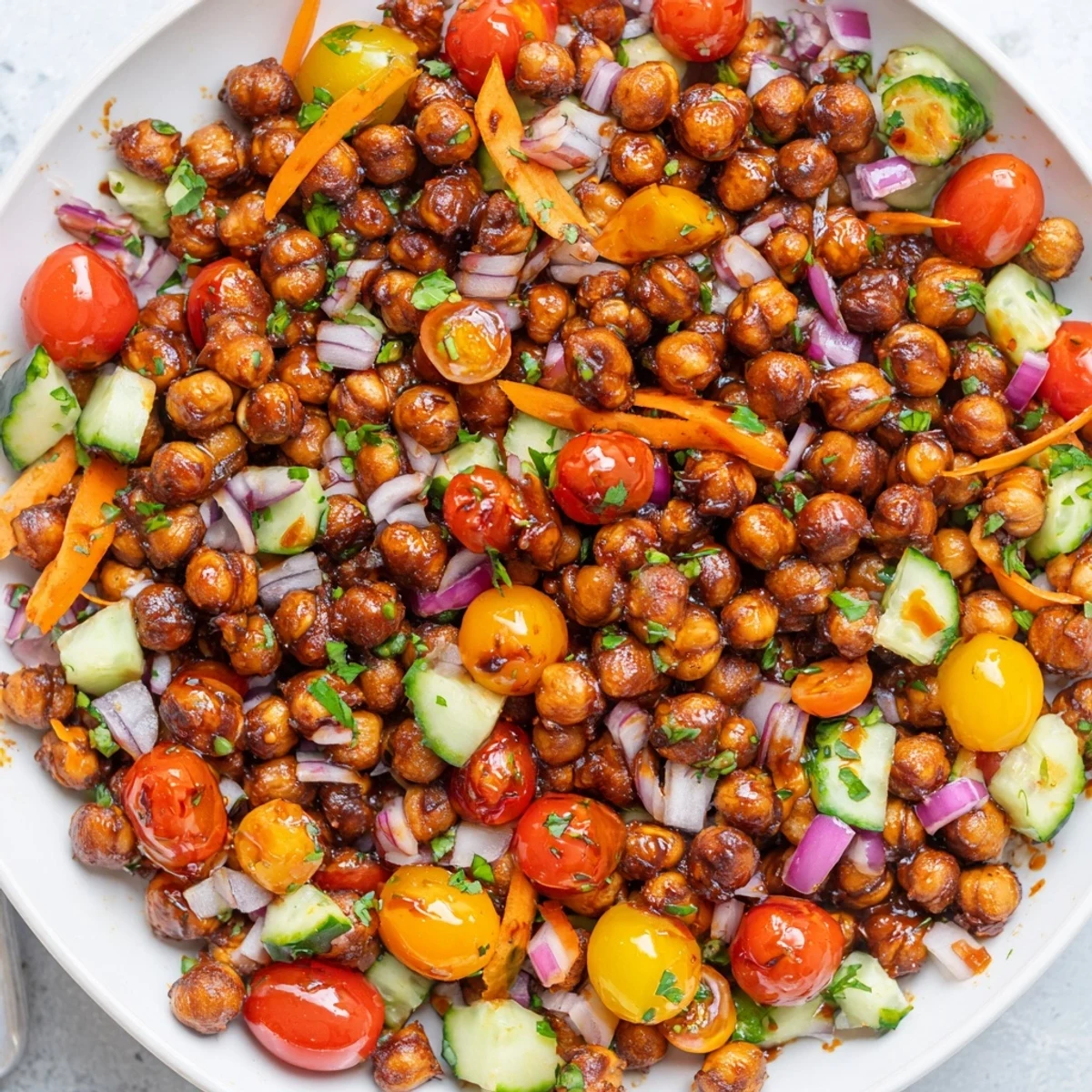 Smoky BBQ Chickpea Salad, bursting with colorful veggies and a vibrant, tangy dressing.