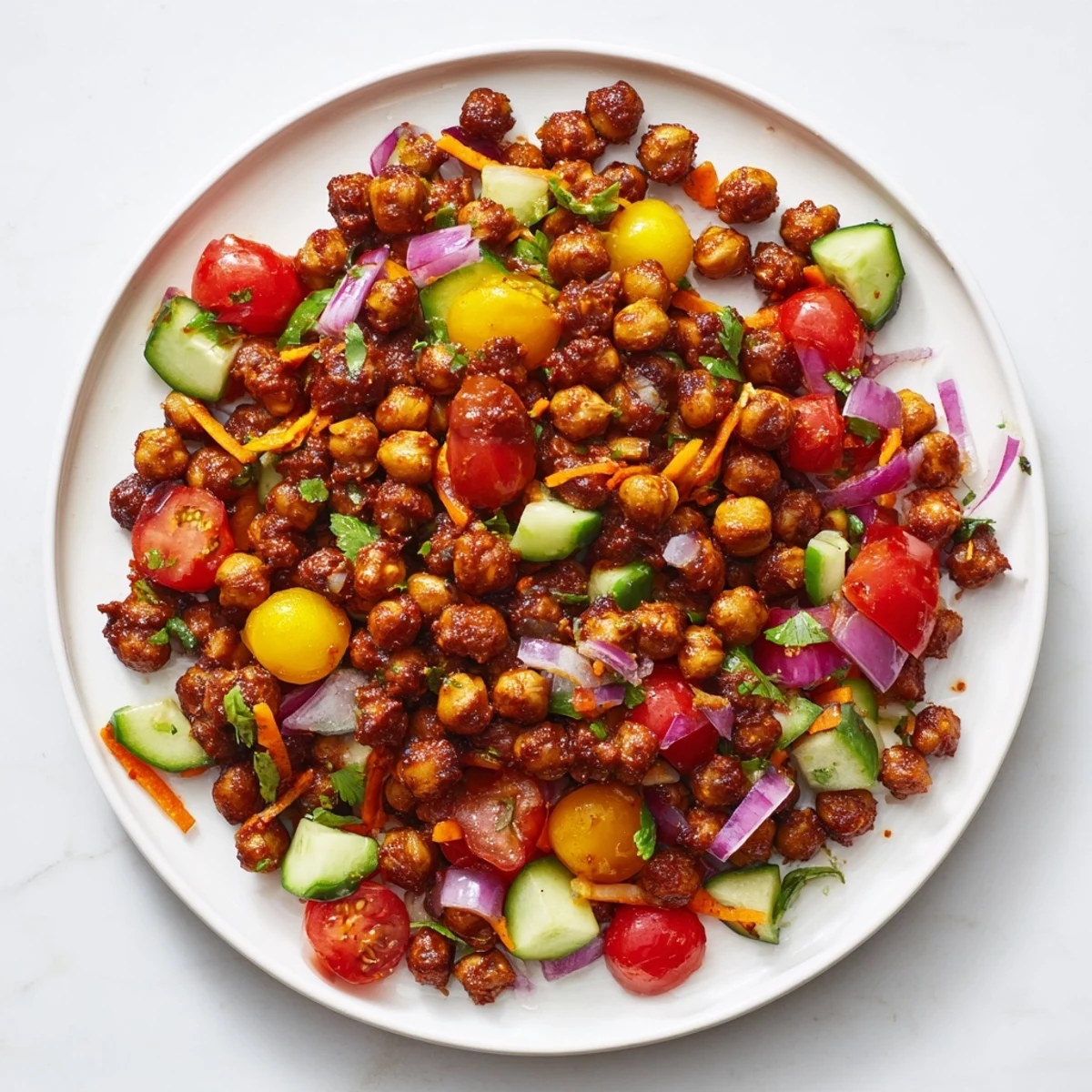 Freshly made BBQ Chickpea Salad, offering a colorful combination of creamy chickpeas and seasonal vegetables.
