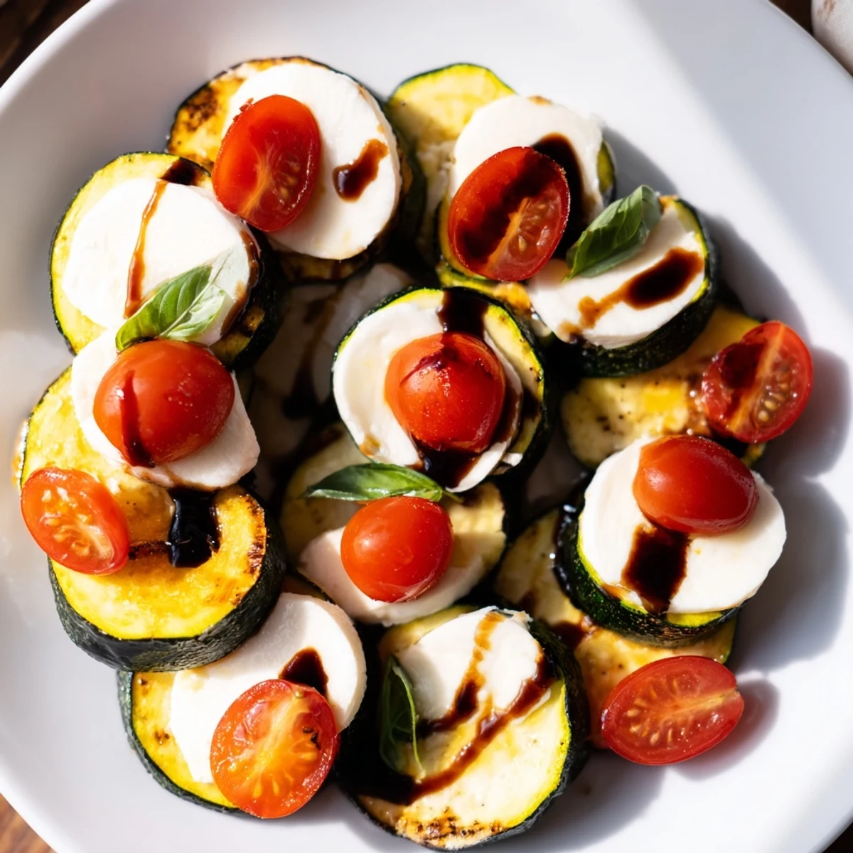 Freshly baked zucchini Caprese Bites with melted mozzarella, fragrant basil, and juicy tomatoes.