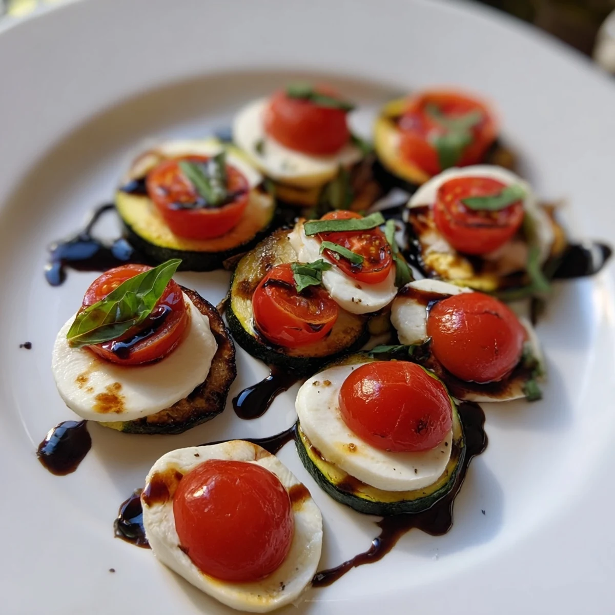 Warm, cheesy Zucchini Caprese Bites drizzled with balsamic glaze, a simple, delicious vegetarian delight.