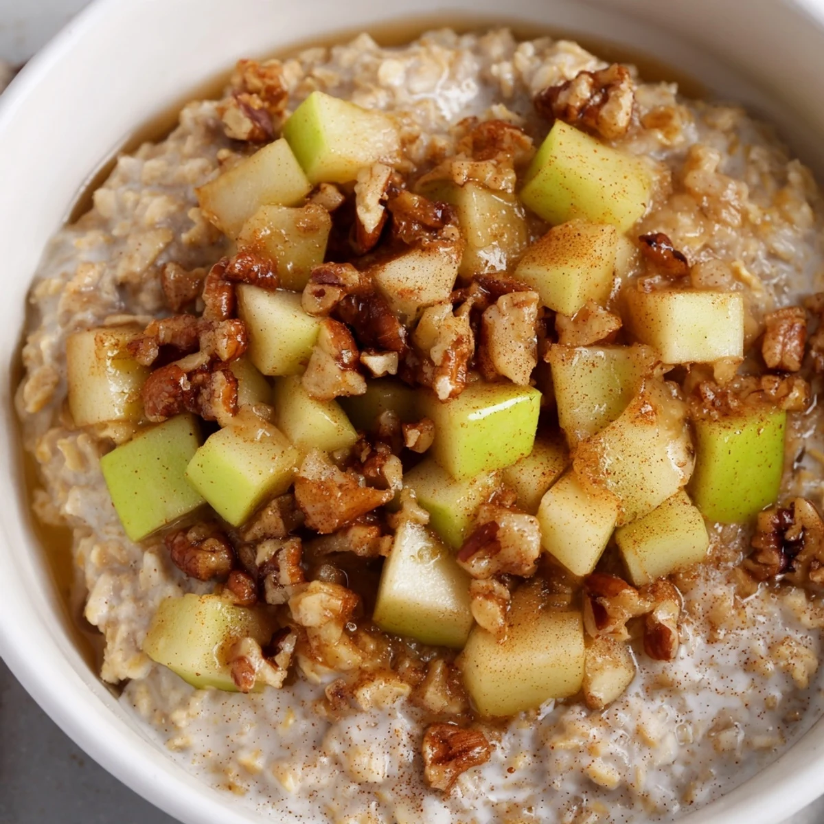 A comforting photo of a warm, cinnamon-infused apple pie oatmeal bowl served in a light-colored bowl.