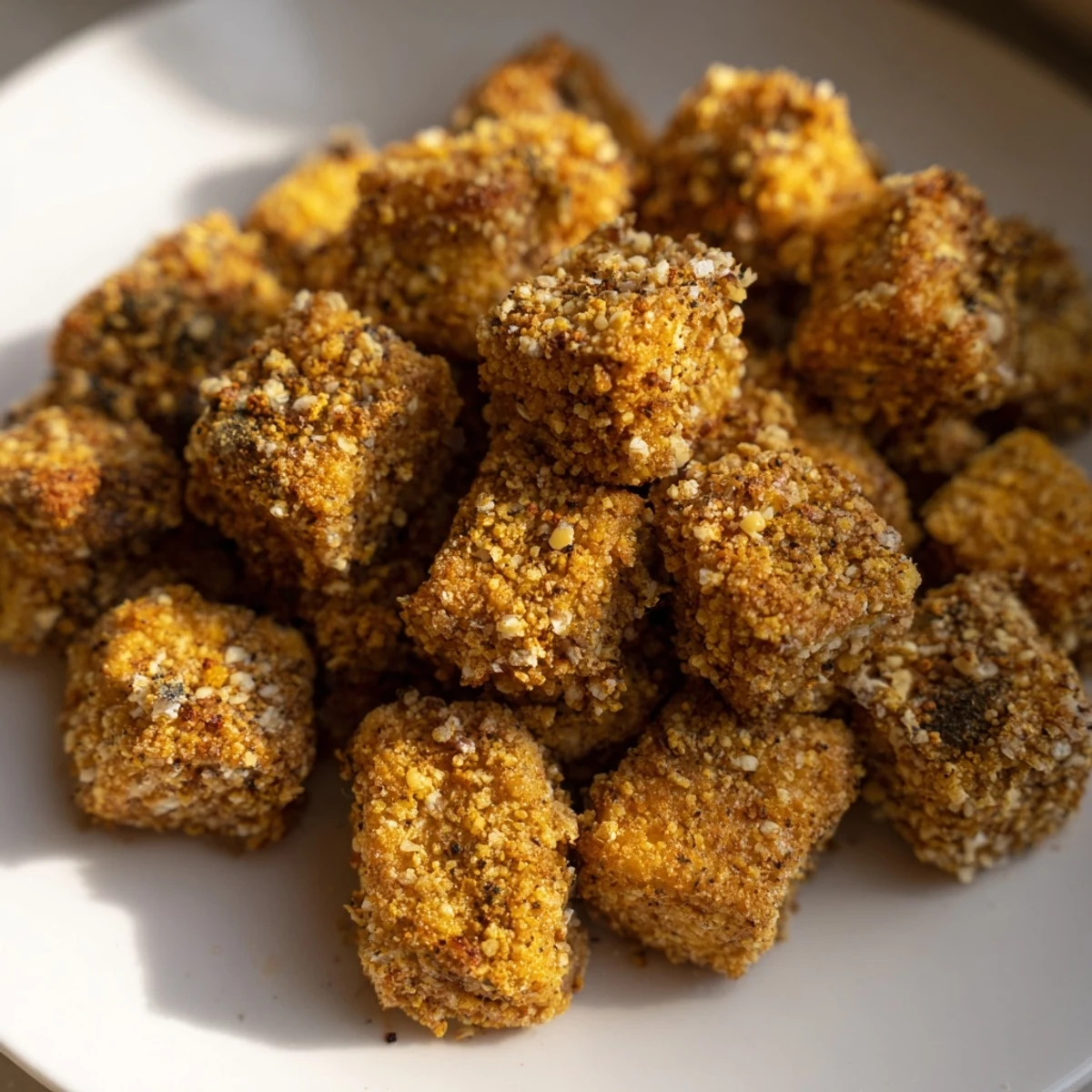 Golden-brown popcorn tofu bites, perfectly crispy, ready to be dipped and devoured as a snack.