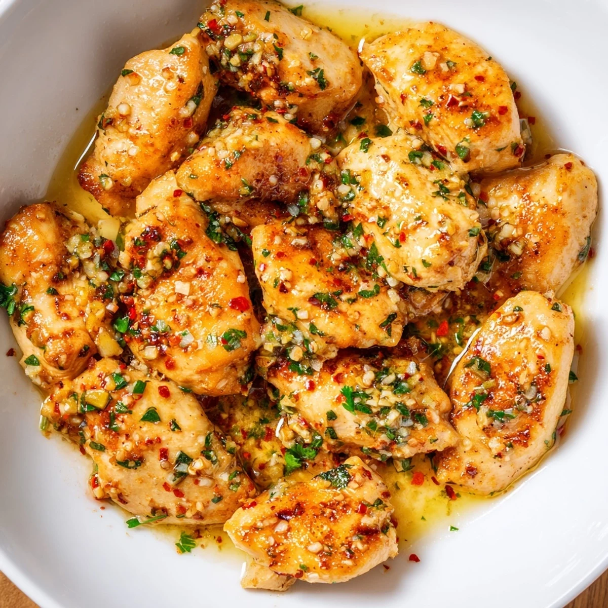 Golden-brown Garlic Butter Chicken Bites, swimming in a glistening, savory garlic butter sauce.
