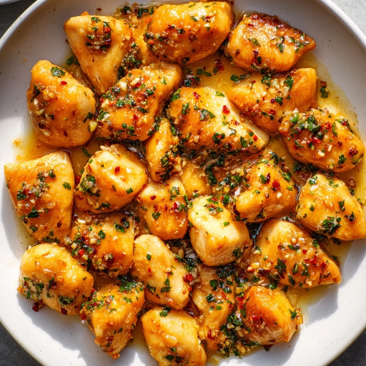 Close-up of Garlic Butter Chicken Bites, showcasing tender chicken coated in a rich, buttery garlic sauce.