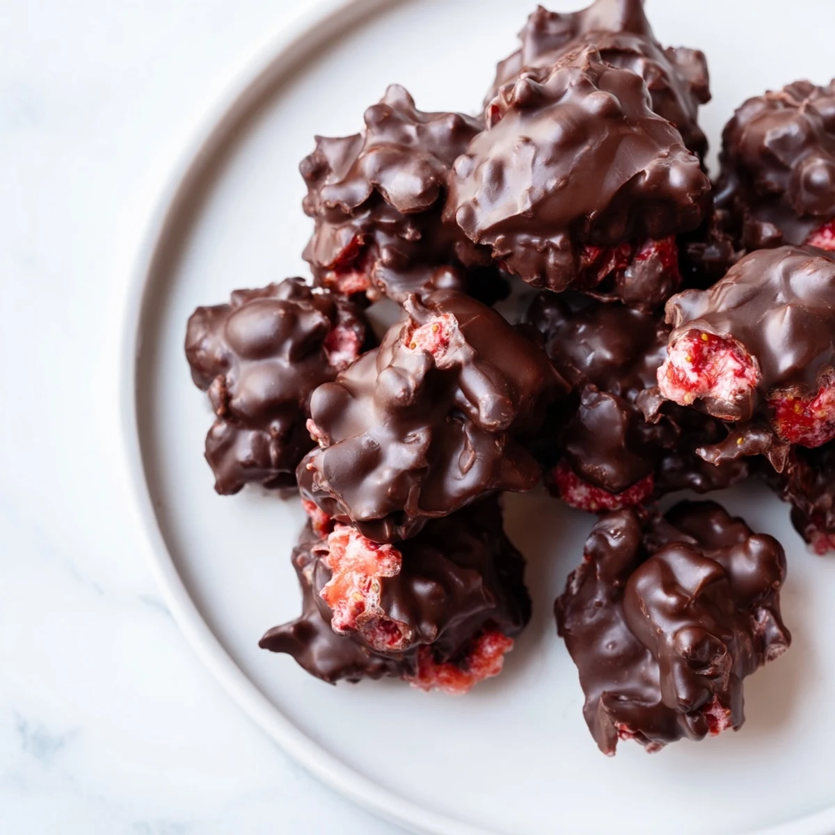 Frozen Strawberry Yogurt Clusters, brilliantly coated in dark chocolate, look like a delightful dessert.