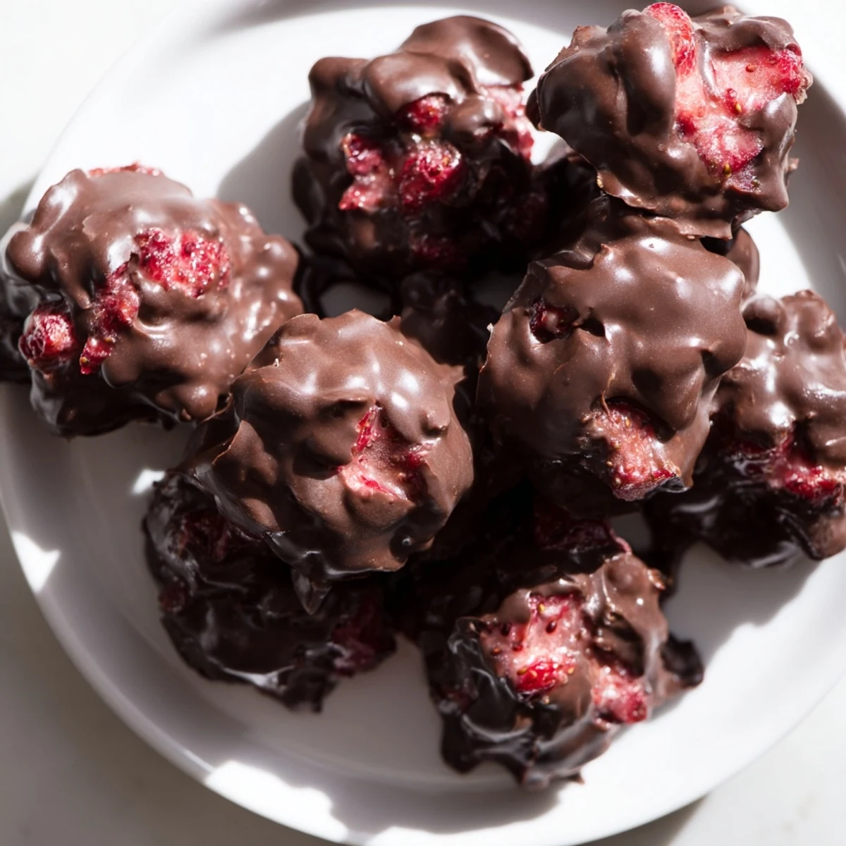 Delicious Strawberry Yogurt Clusters: fresh strawberries nestled among chocolate-covered treats, perfect snack idea.