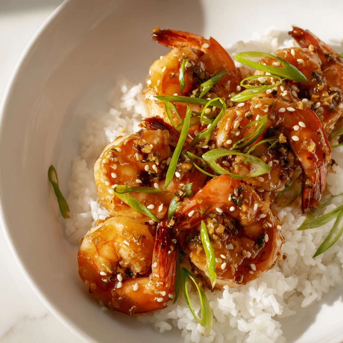 Steaming hot Honey Garlic Shrimp served with rice, garnished with green onions and sesame seeds.