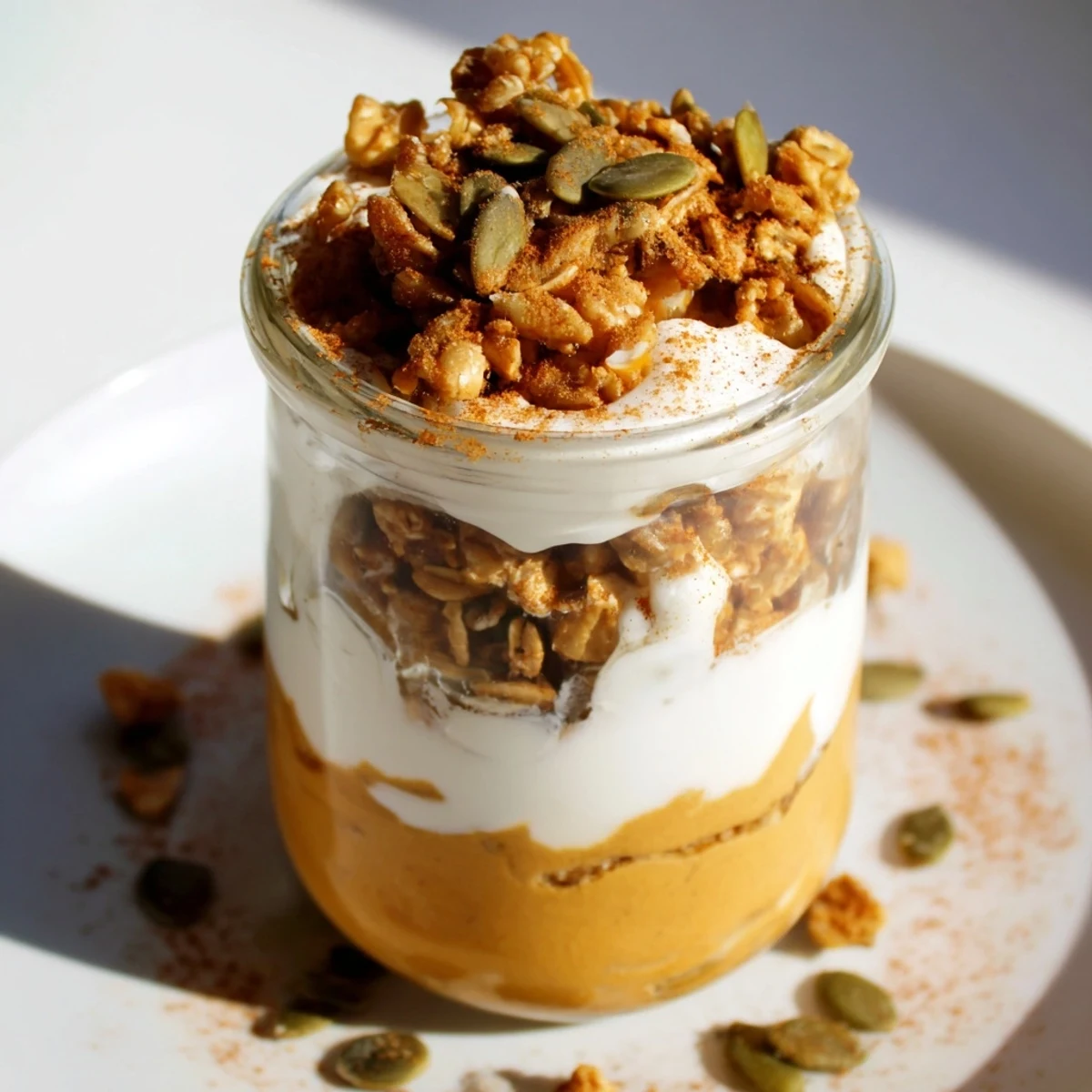A layered Pumpkin Yogurt Parfait boasts spiced pumpkin, creamy yogurt, and crispy granola for a treat.