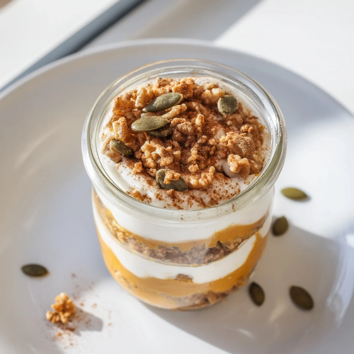 Creamy Pumpkin Yogurt Parfait layers show pumpkin purée, Greek yogurt, and crunchy granola ready to eat.