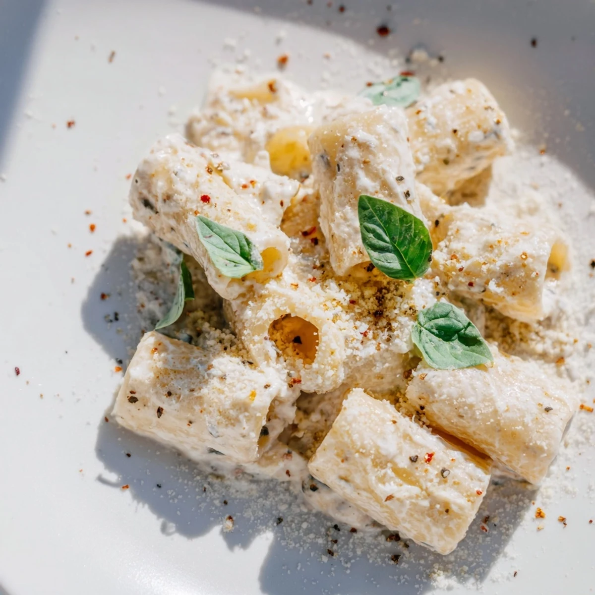 A bowl of delicious creamy cottage cheese pasta, garnished with fresh basil and Parmesan cheese.