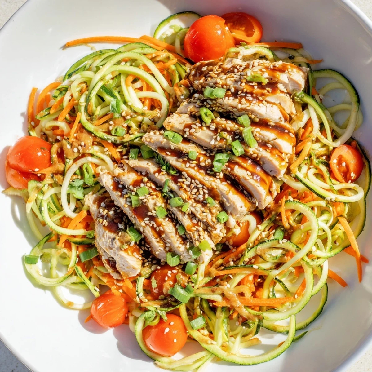 Grilled chicken atop protein cucumber salad, a vibrant and refreshing, high-protein lunch option.