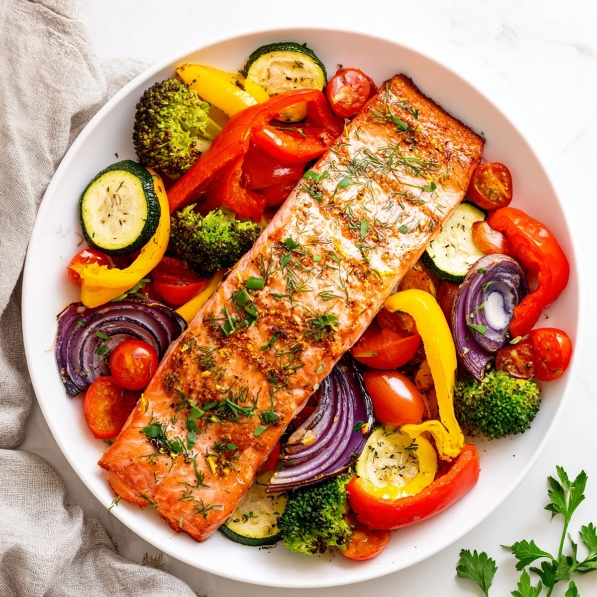 Tender salmon sheet pan bake, perfectly cooked with vibrant vegetables, a healthy and delicious meal.