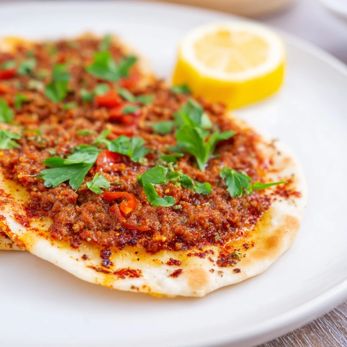 Freshly baked Turkish Lahmacun, a delightful flatbread aroma alongside a colorful topping.