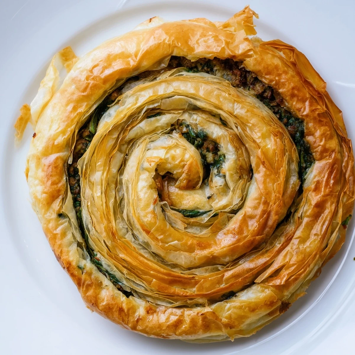 Freshly baked Bosnian Burek, a comforting Balkan food with a buttery, crispy crust and rich filling.