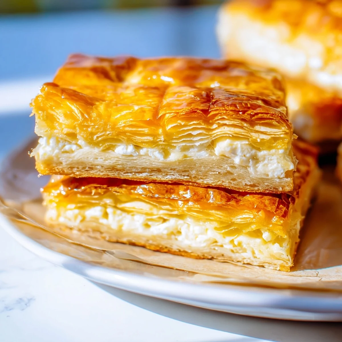 Golden, flaky Serbian Gibanica pie showing layers of cheese filling baked until bubbling and crispy.