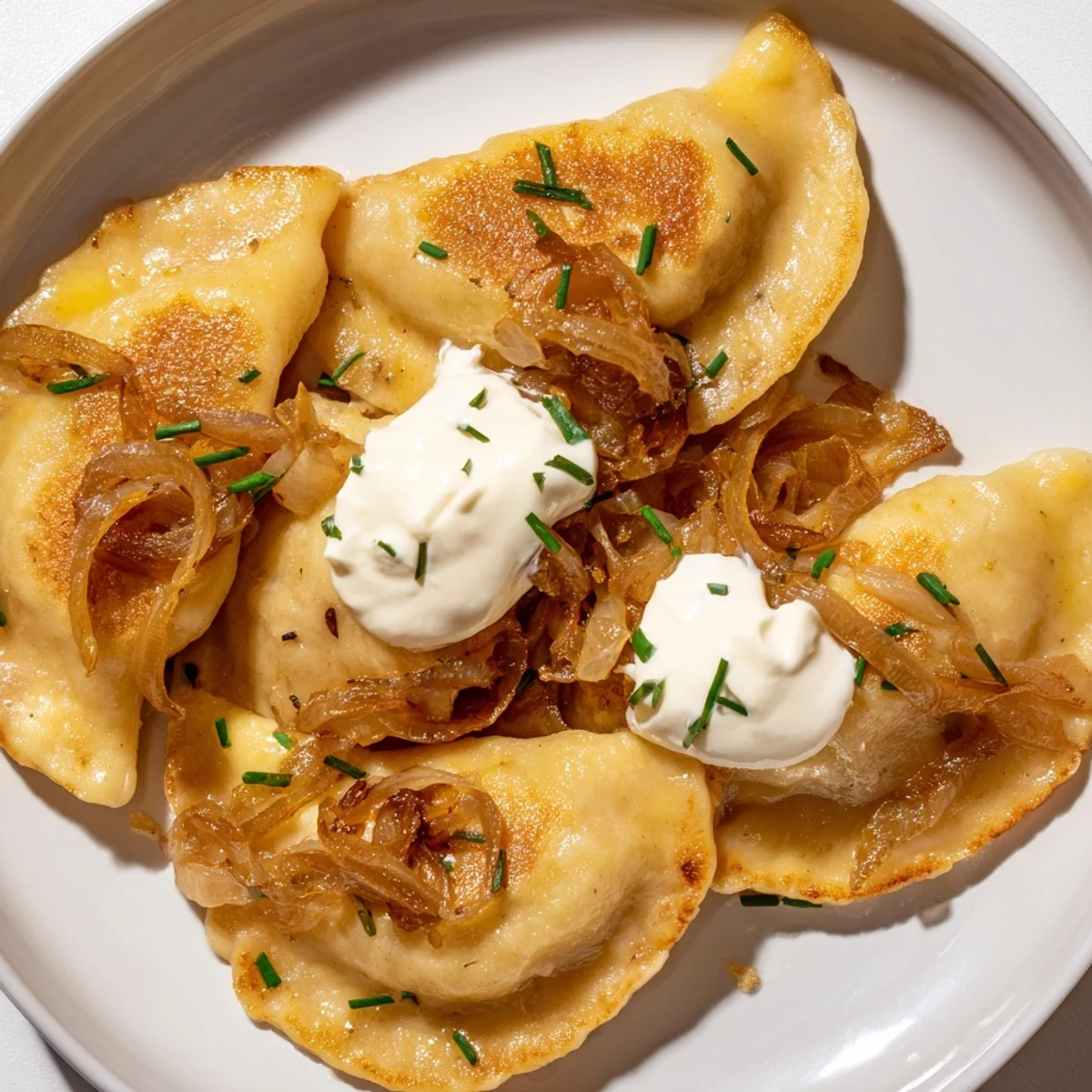 A close-up of delicious Polish pierogi, with creamy potato cheese filling, ready to serve.