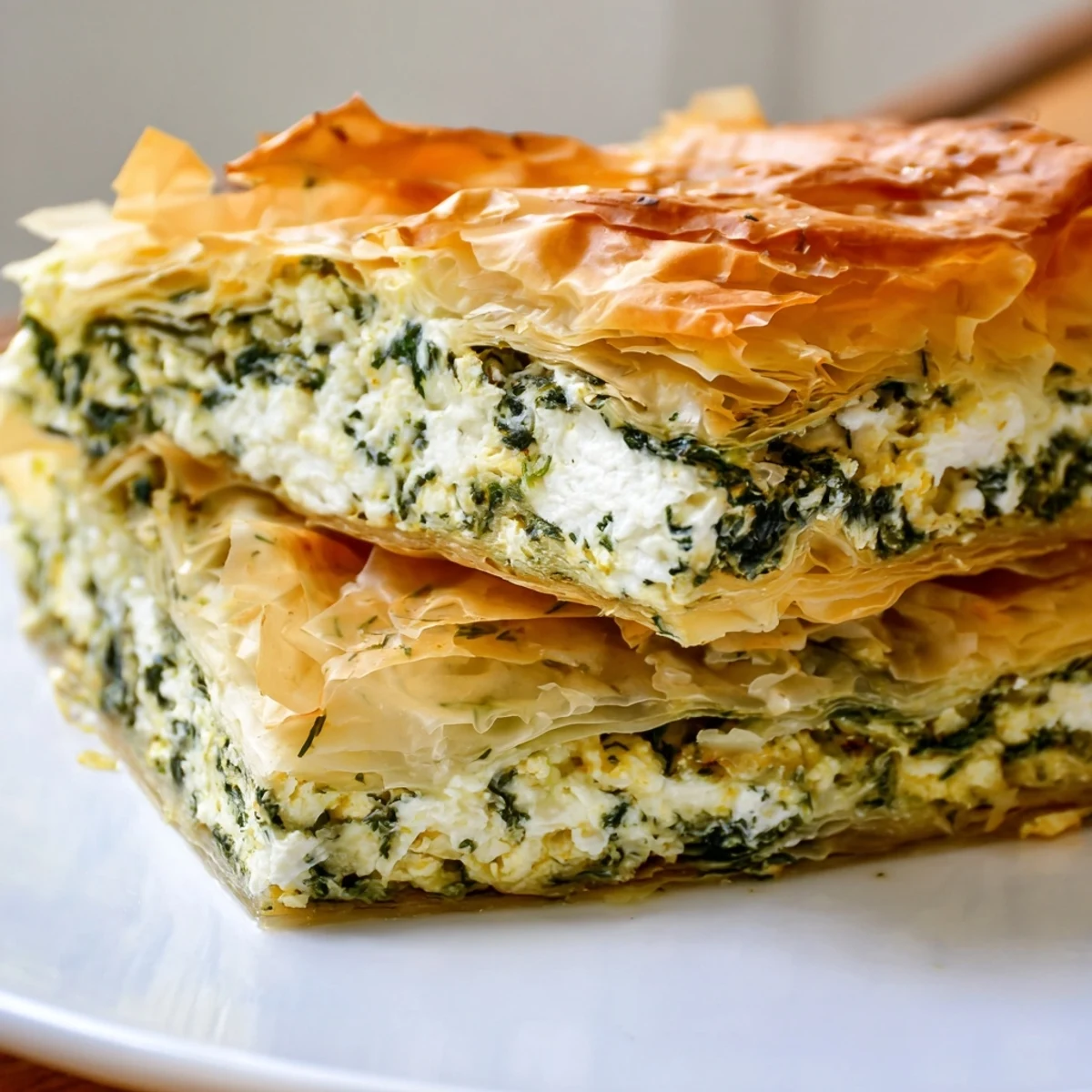 Golden, flaky Greek spanakopita pie, baked until bubbly, revealing a savory spinach and feta filling.