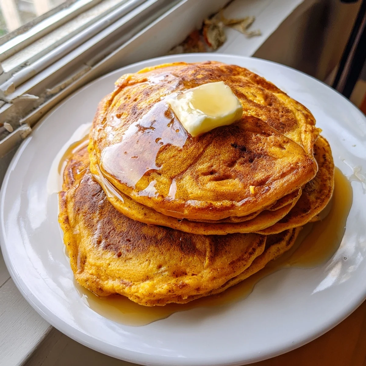 Freshly cooked pumpkin spice pancakes on a rustic plate, garnished with a dusting of powdered sugar and chopped pecans, perfect for a festive brunch.