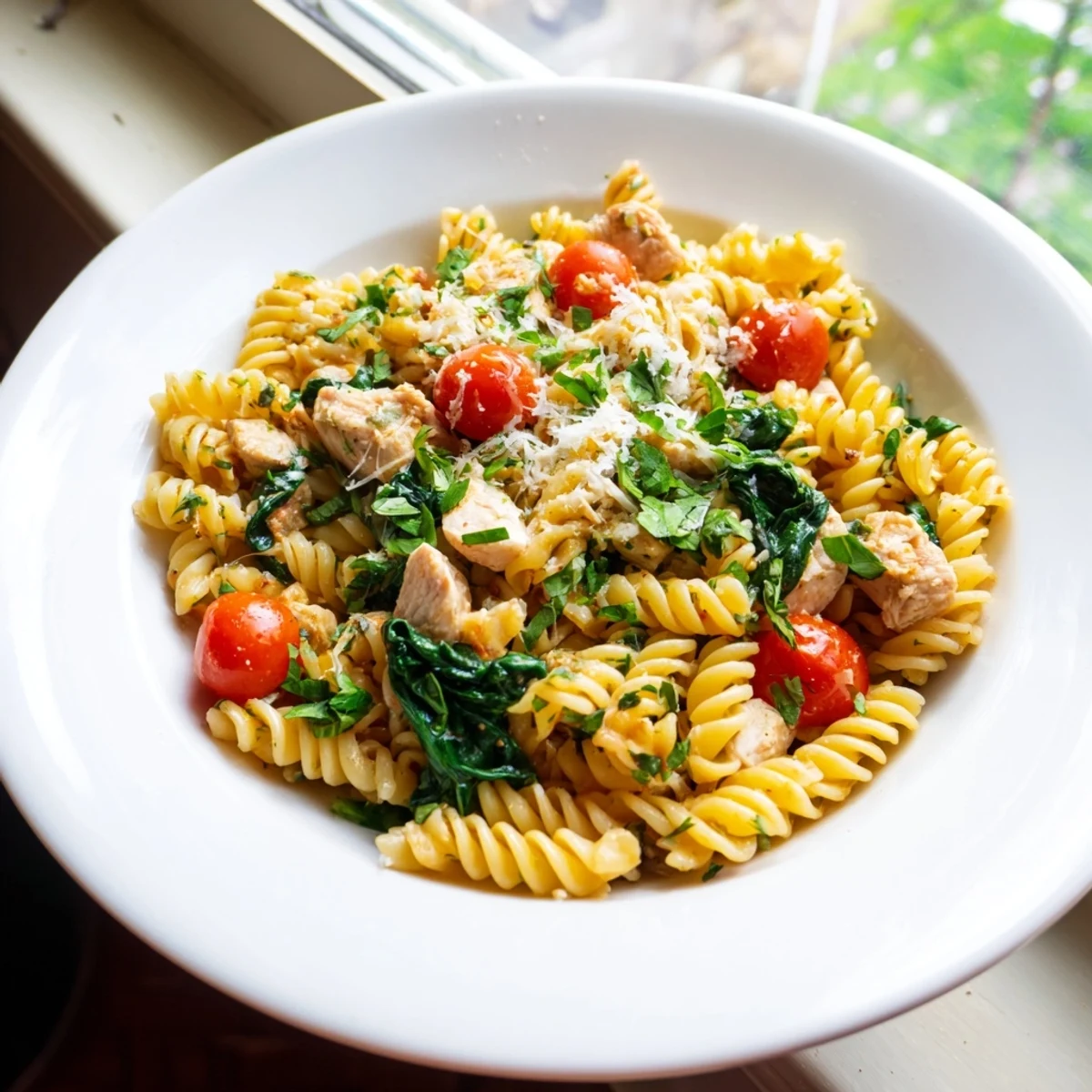 Golden-brown chicken pieces simmer in a skillet with penne pasta, bright lemon wedges, cherry tomatoes, and fresh spinach.